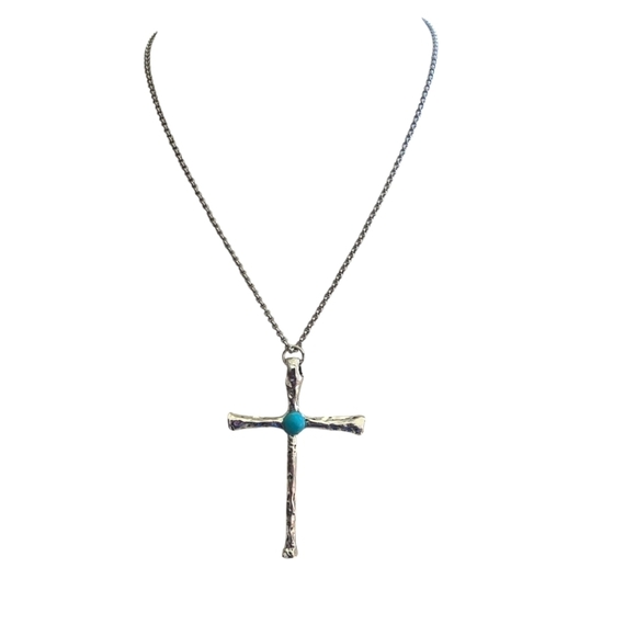 Silver Stainless Steel Turquoise Stone Cross Necklace Hammered 18" Chain Blue - Picture 3 of 4